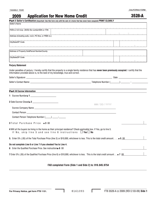 Fillable 3528-A Form - Application For New Home Credit Printable pdf