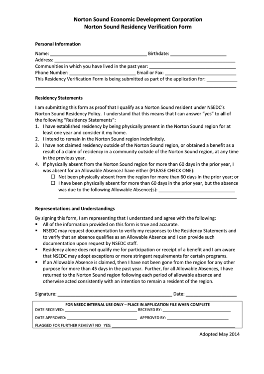 Norton Sound Residency Verification Form - Norton Sound Economic Development Corporation Printable pdf