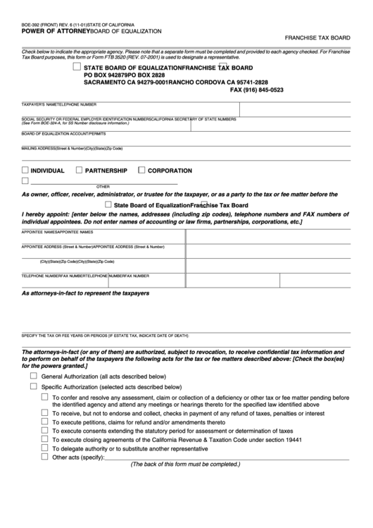 Fillable Form Boe-392 - Power Of Attorney - State Of California - Board Of Equalization Printable pdf