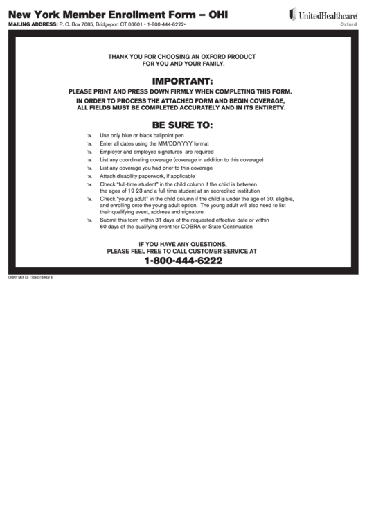New York Member Enrollment Form - Ohi Printable pdf