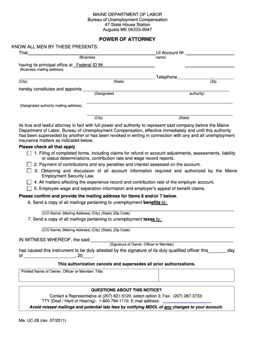 Form Me. Uc-28 - Power Of Attorney - Maine Department Of Labor Printable pdf