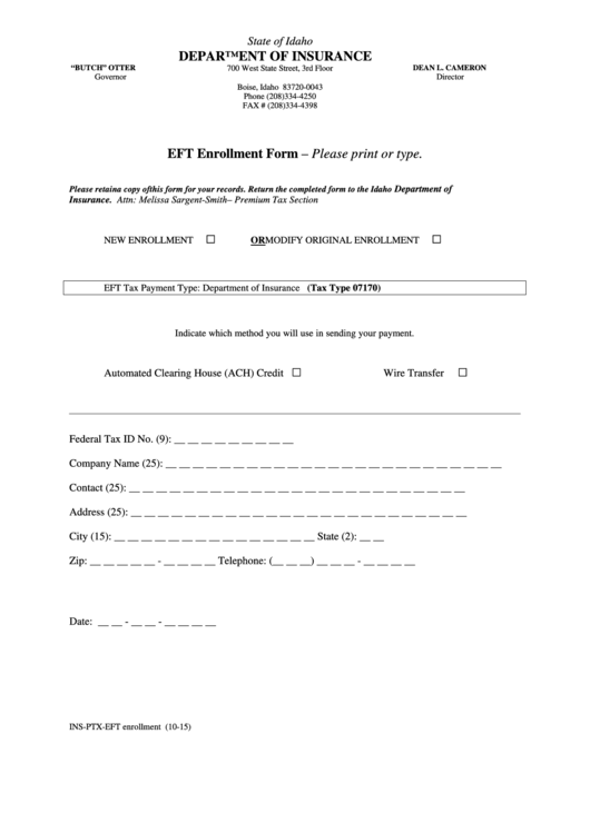 Eft Enrollment Form - Idaho Department Of Insurance - 2015 Printable pdf