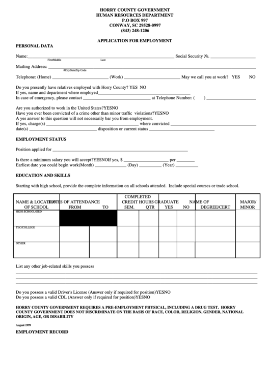 Application For Employment Form - Horry County Government - Human Resources Department Printable pdf