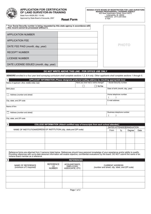 Fillable Form 49328 - Application For Certification Ofland Surveyor-In-Training - Indiana Printable pdf