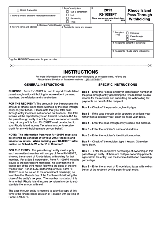 Form Ri-1099pt - Rhode Island Pass-Through Withholding With - 2013 Printable pdf