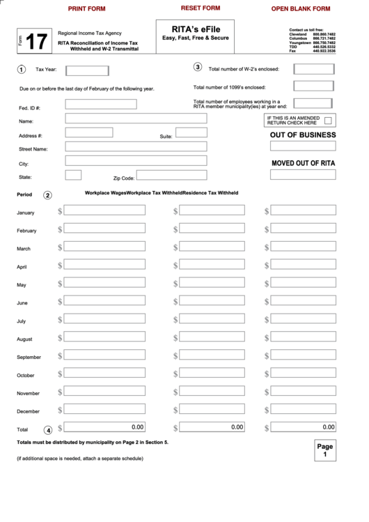 Fillable Form 17 - Rita Reconciliation Of Income Tax Rita Withheld And W-2 Transmittal - Regional Income Tax Agency Printable pdf