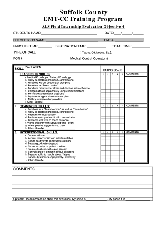 Als Field Internship Evaluation Objective 4 Form - Suffolk County Emt-Cc Training Program Printable pdf