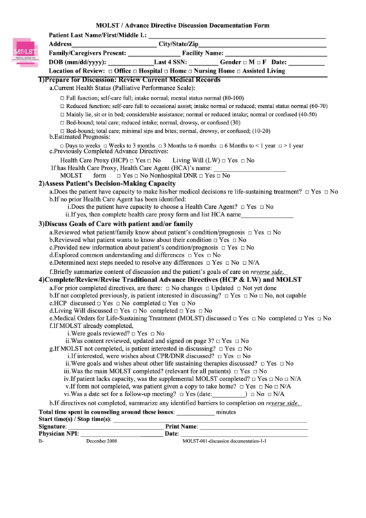 Molst / Advance Directive Discussion Documentation Form Printable pdf