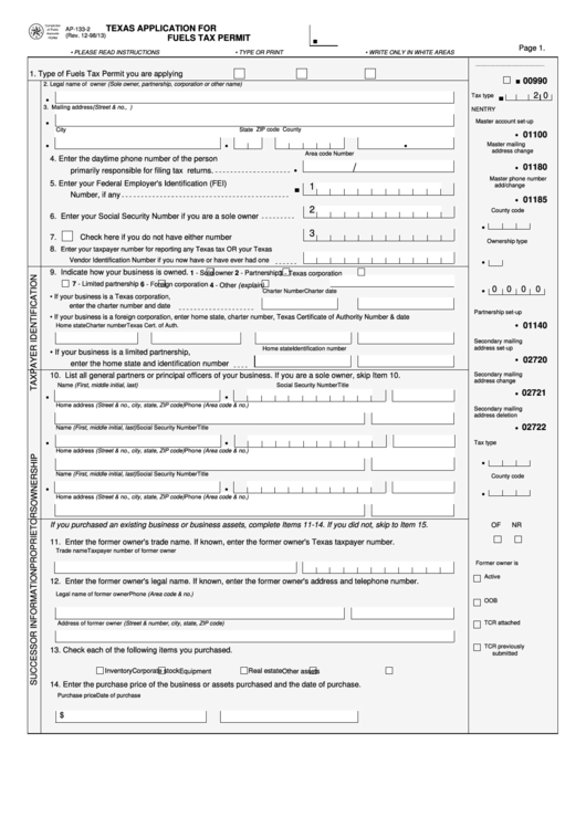 Form Ap-133-2 - Texas Application For Fuels Tax Permit Printable pdf