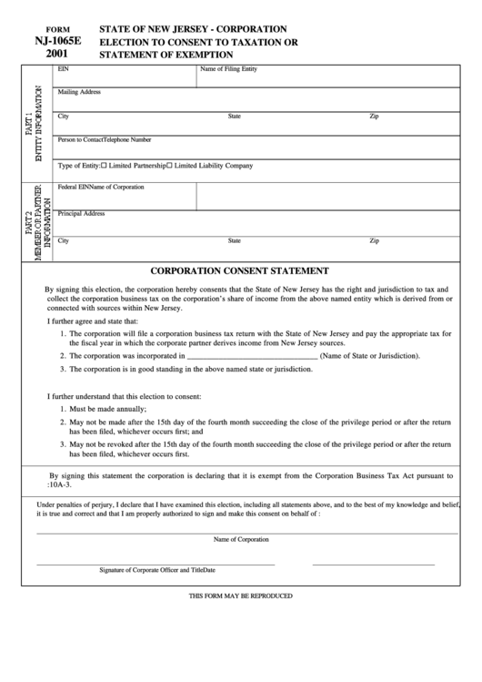 Fillable Form Nj-1065e - Election To Consent To Taxation Or Statement Of Exemption 2001 - State Of New Jersey - Corporation Printable pdf