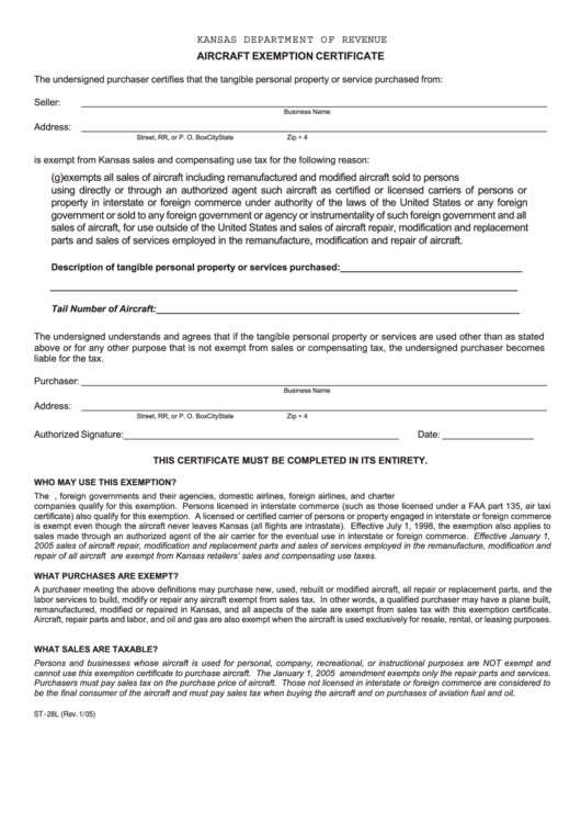 Form St-28l - Aircraft Exemption Certificate - Kansas Depa Rtment Of Revenue Printable pdf