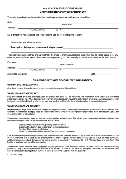 Form St-28v - Veterinarian Exemption Certificate - Kansas Department Of Revenue Printable pdf