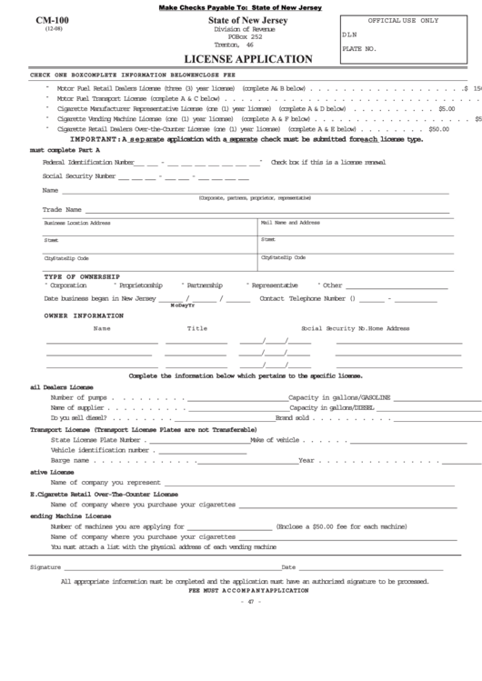 Fillable Form Cm-100 - License Application - State Of New Jersey - Division Of Taxation Printable pdf