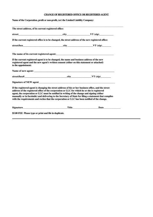 Change Of Registered Office Or Registered Agent Form Printable pdf