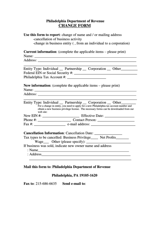 Change Form - Philadelphia Department Of Revenue Printable pdf