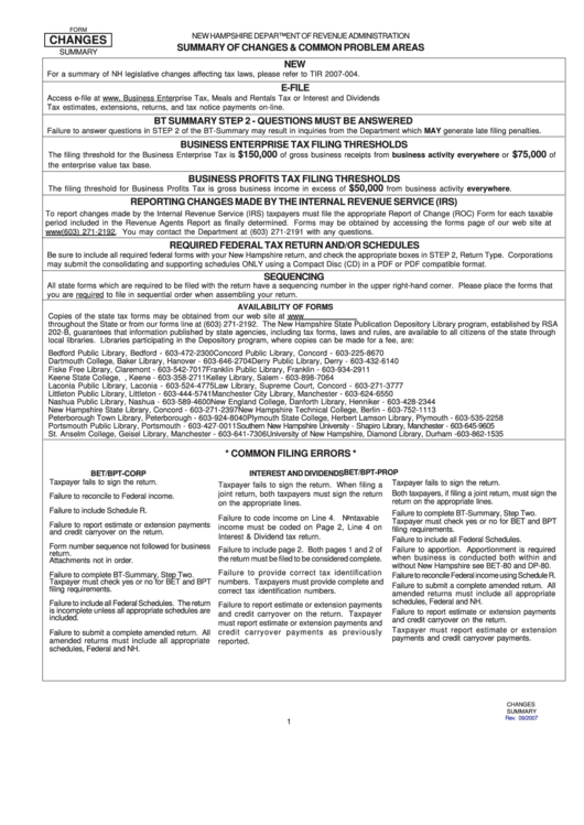 Form Changes Summary - Summary Of Changes & Common Problem Areas - 2007 Printable pdf