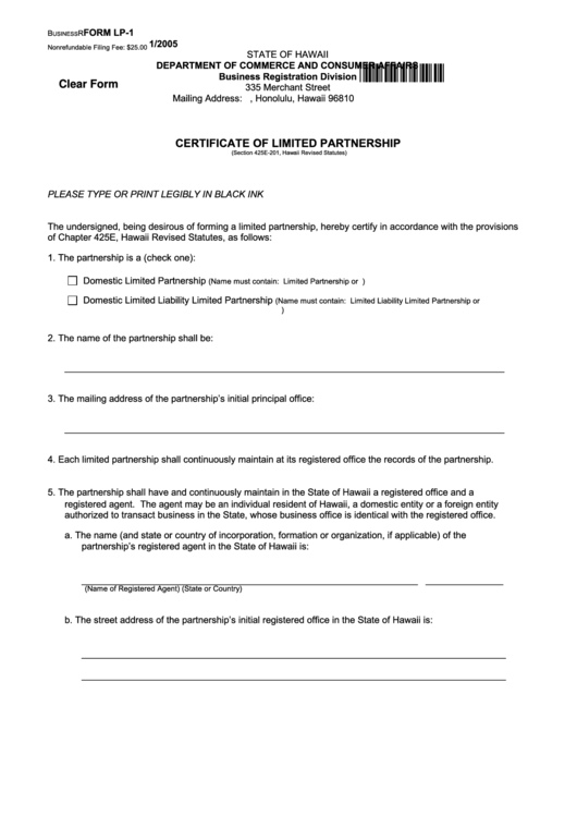 Fillable Form Lp-1 - Certificate Of Limited Partnership - State Of Hawaii - Department Of Commerce And Consumer Affairs Printable pdf