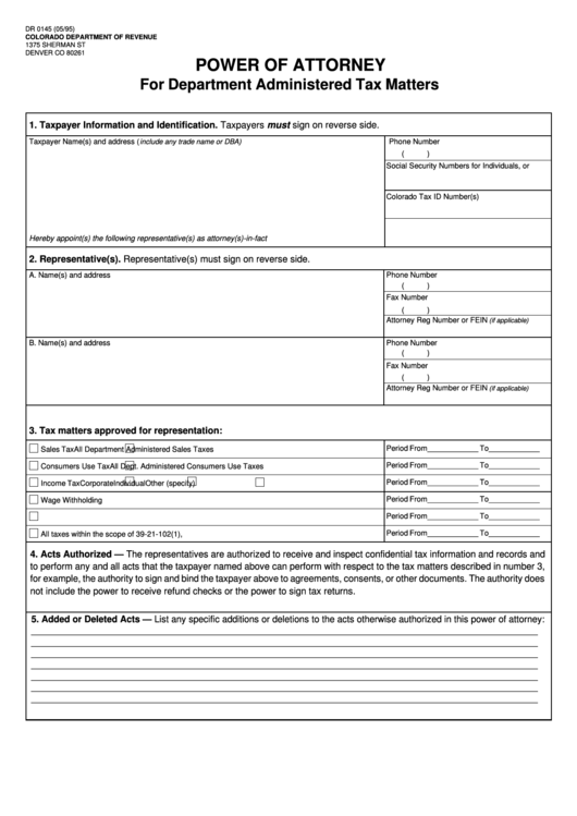 Fillable Form Dr 0145 - Power Of Attorney Printable pdf