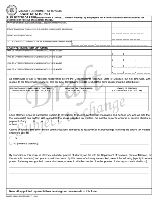 Form Mo 860-1723, Dor-2827 Draft - Sample Power Of Attorney - Missouri Department Of Revenue 2009 Printable pdf