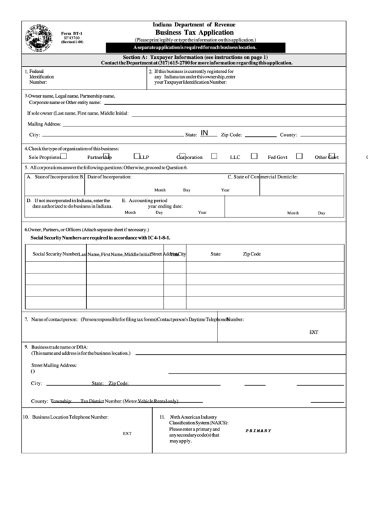 Fillable Form Bt-1 Sf 43760 - Business Tax Application - Indiana Department Of Revenue Printable pdf