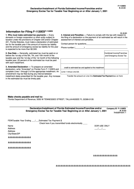 Form F-1120es - Declaration/installment Of Florida Estimated Income/franchise And/or Emergency Excise Tax For Taxable Year Beginning On Or After January 1, 2001 Printable pdf