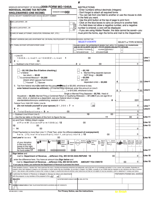 Fillable Form Mo-1040a - Individual Income Tax Return ...
