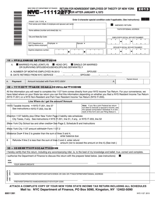 Form Nyc-1127 - Return For Nonresident Employees Of The City Of New York Hired On Or After January 4, 1973 - 2013 Printable pdf