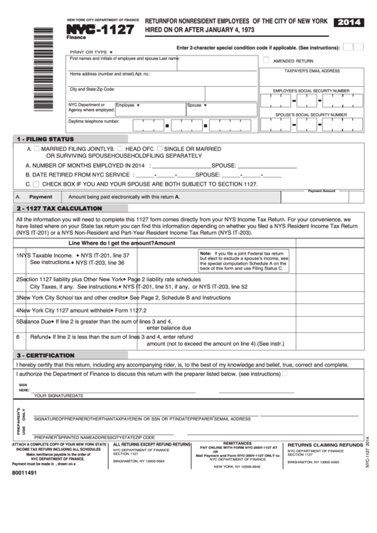 Form Nyc-1127 - Return For Nonresident Employees Of The City Of New York Hired On Or After January 4, 1973 - 2014 Printable pdf