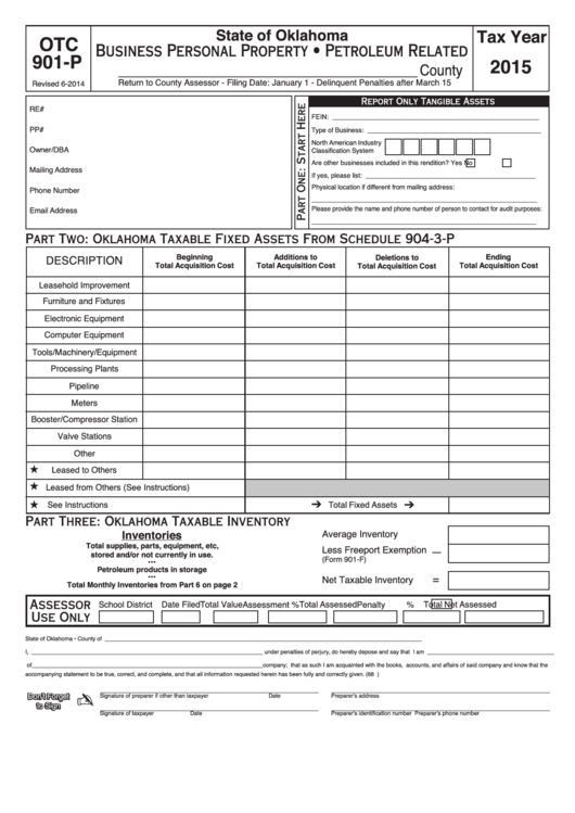 Fillable Form Otc 901-P - Business Personal Property - Petroleum Related - 2015 Printable pdf