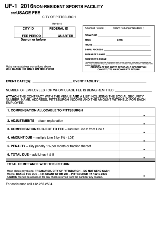 Form Uf-1 - Non-Resident Sports Facility Usage Fee - 2016 Printable pdf