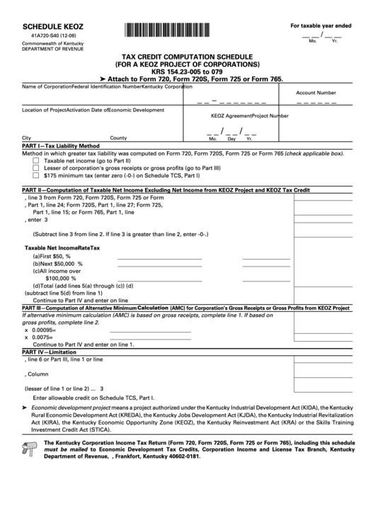 Form 41a720-S40 - Schedule Keoz - Tax Credit Computation Schedule Printable pdf
