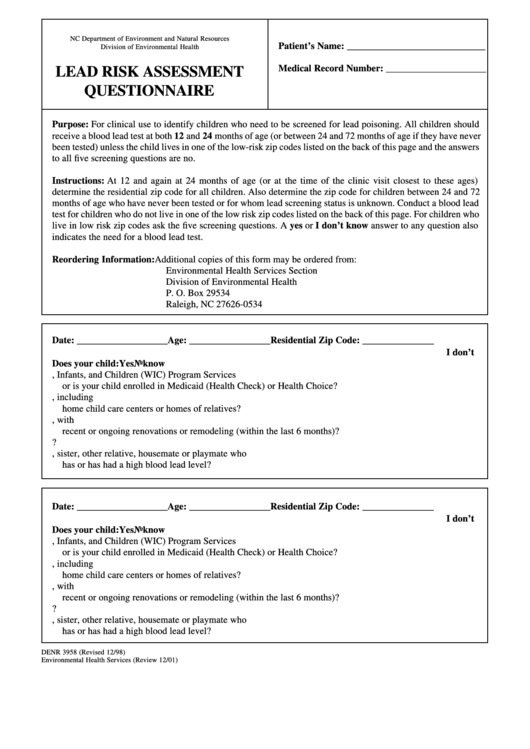 Form Denr 3958 - Lead Risk Assessment Questionnaire Template - Nc Department Of Environment And Natural Resources Printable pdf