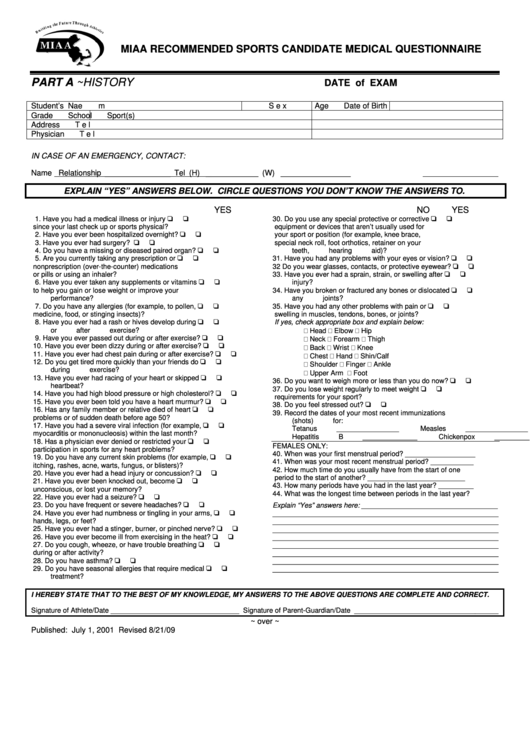 Recommended Sports Candidate Medical Questionnaire Template Printable pdf