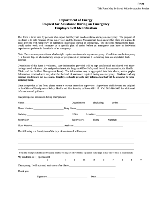 Fillable Employee Self Identification Form - Request For Assistance During An Emergency - Department Of Energy Printable pdf