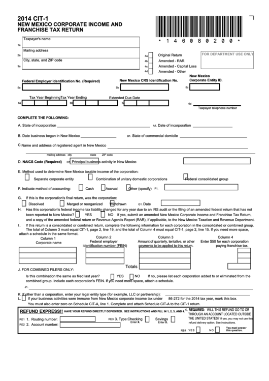 Form Cit-1 - New Mexico Corporate Income And Franchise Tax Return - 2014 Printable pdf