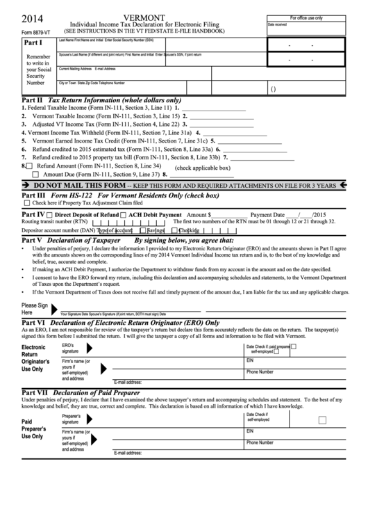 Form 8879-Vt - Individual Income Tax Declaration For Electronic Filing - 2014 Printable pdf