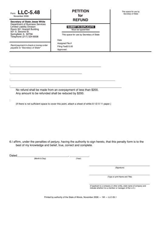 Fillable Form Llc-5.48 - Petition For Refund Printable pdf
