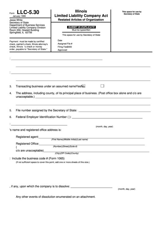 Fillable Illinois Limited Liability Company Act Form Printable pdf