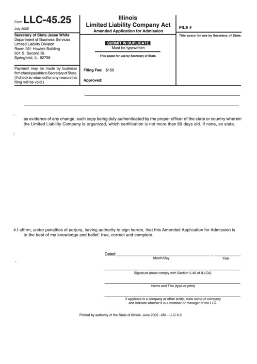 Fillable Form Llc-45.25 - Illinois Limited Liability Company Act Amended Application Form For Admission Printable pdf