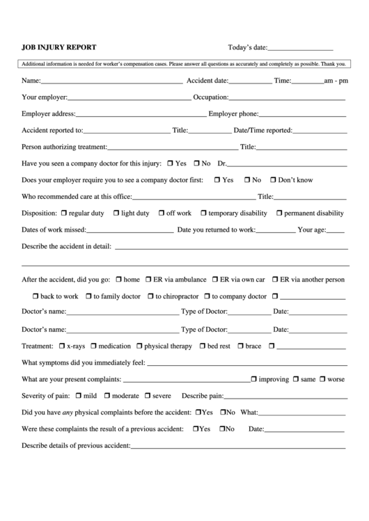 Fillable Job Injury Report Form Printable pdf
