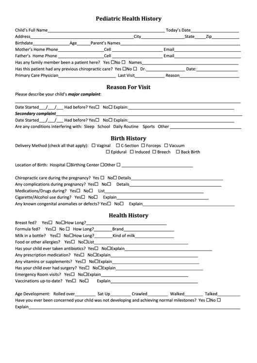 Pediatric Health History Form Printable Pdf Download