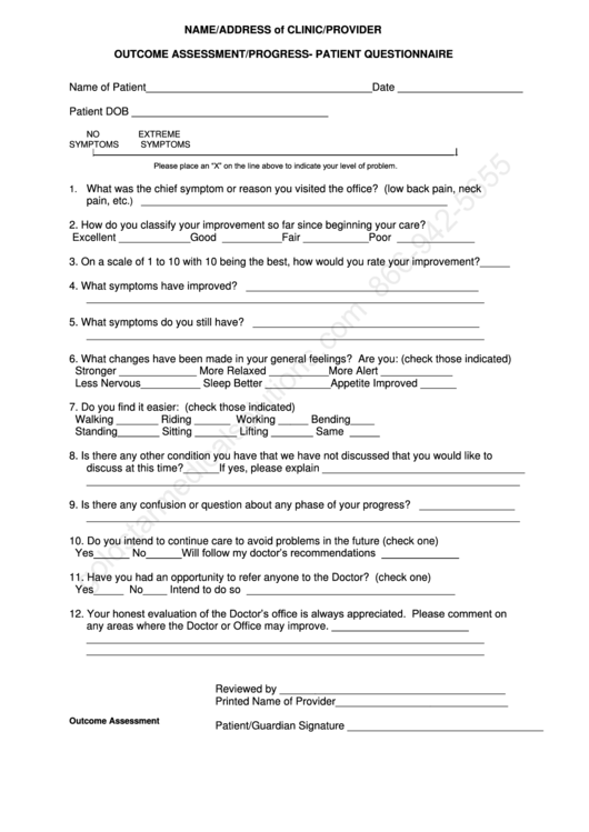 Sample Outcome Assessment/progress- Patient Questionnaire Template Printable pdf