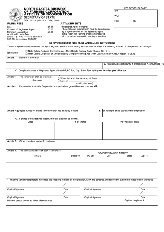 Form Sfn 16812a - North Dakota Business Or Farming Corporation Articles Of Incorporation Printable pdf