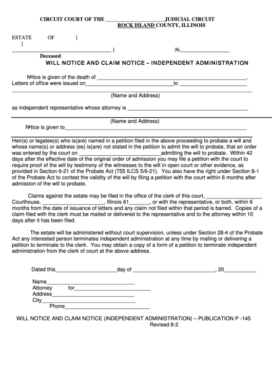 Illinois Will Notice And Claim Notice Form Printable pdf