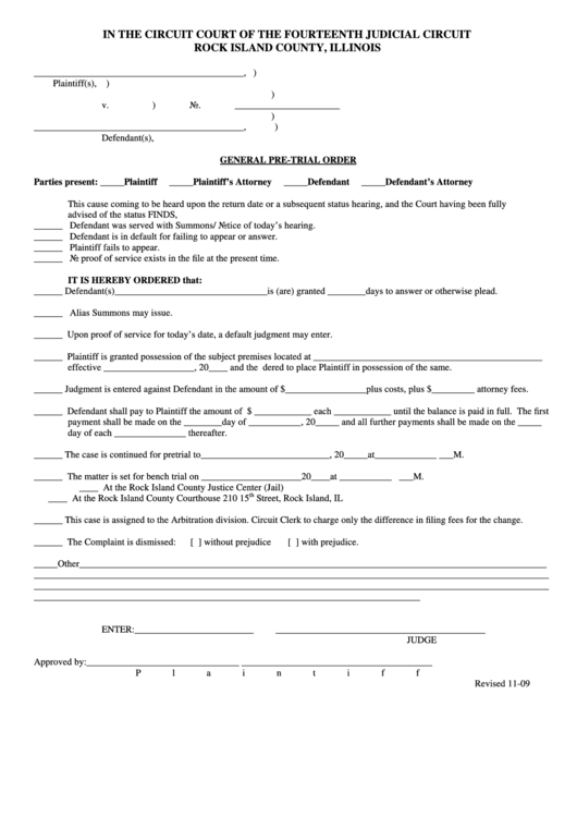 General Pre-Trial Order Template Printable pdf