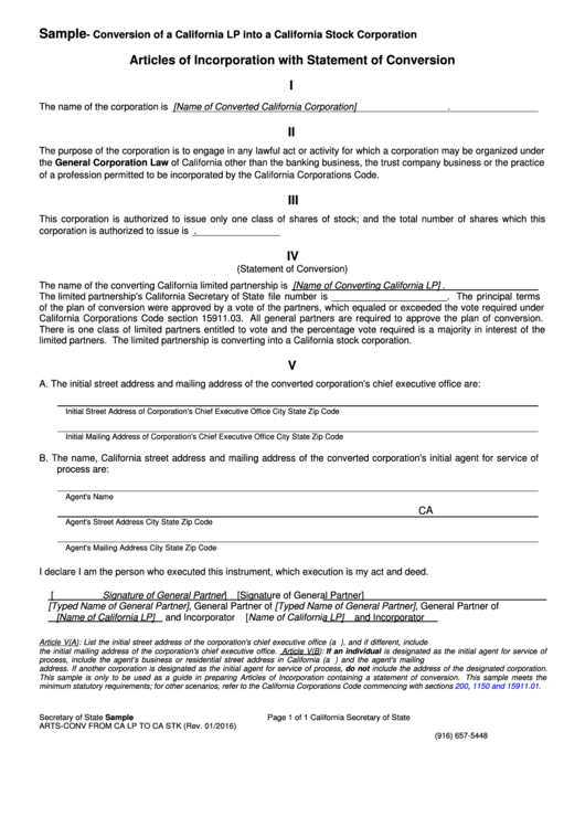 Sample - Conversion Of A California Lp Into A California Stock Corporation Printable pdf