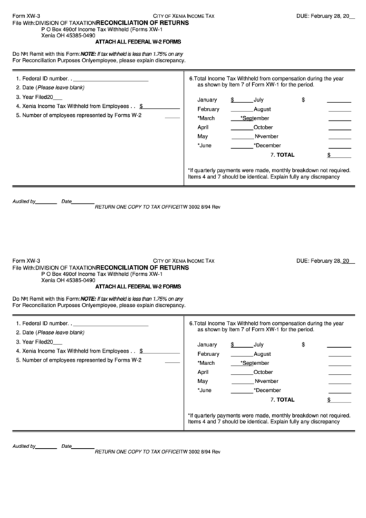 Form Xw-3 - City Of Xenia Income Tax Reconciliation Of Returns 1994 Printable pdf