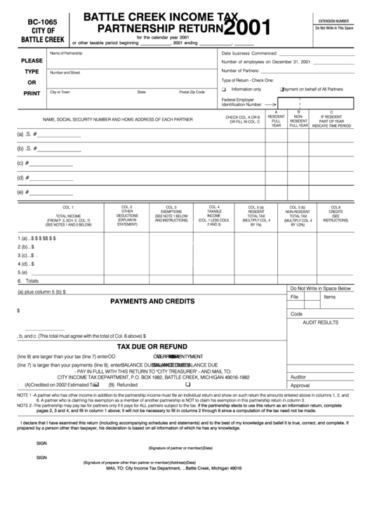 Form Bc-1065 - Battle Creek Income Tax Partnership Return - 2001 Printable pdf