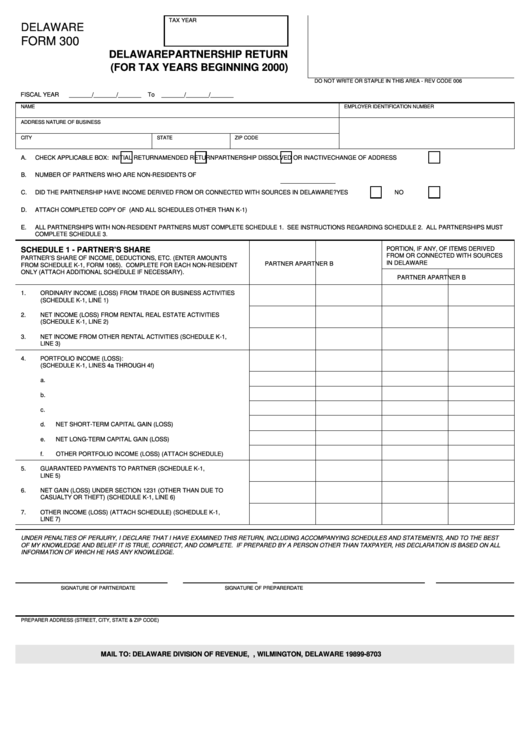 Form 300 - Delaware Partnership Return (For Tax Years Beginning 2000) - 2000 Printable pdf