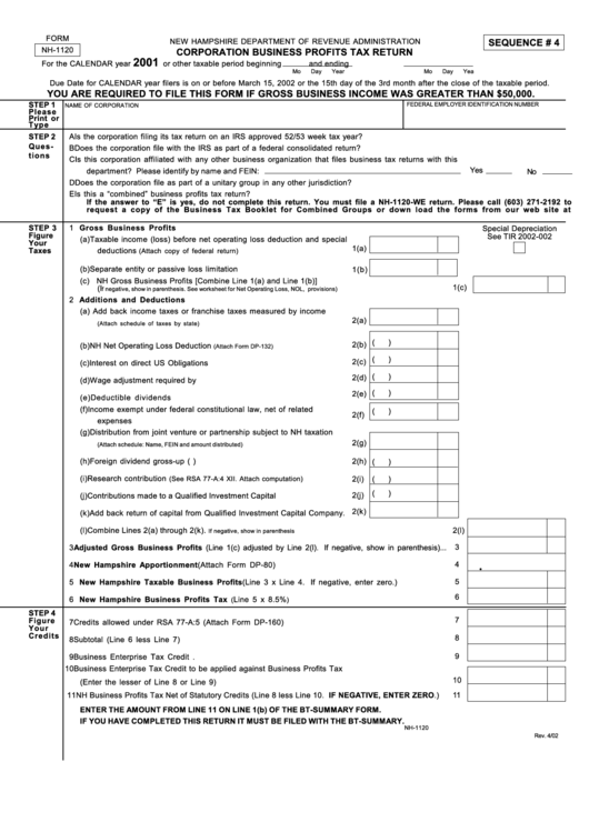 Form Nh-1120 - Corporation Business Profits Tax Return 2002 Printable pdf